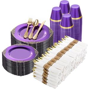 Goodluck 700 Piece Clear Purple Plastic Dinnerware Set for 100 Guests