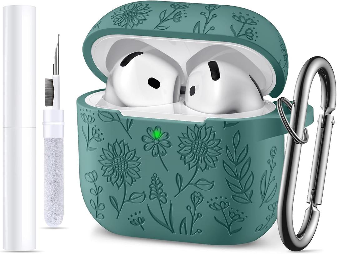 for Airpods 4 Case, DaQin Flower Engraved Case Compatible with Apple Airpods 4th Generation Cases for Women, Cute Soft Silicone Full Protective Cases Cover with Cleaner Kit & Keychain, PineGreen