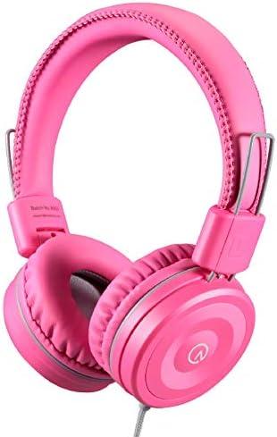 noot products Kids Headphones K22 Foldable Stereo Tangle-Free 5ft Long Cord 3.5mm Jack Plugin Wired On-Ear Headset for iPad/Amazon Kindle Fire/Girls/School/Laptop/Travel/Plane/Tablet FlamingoPink