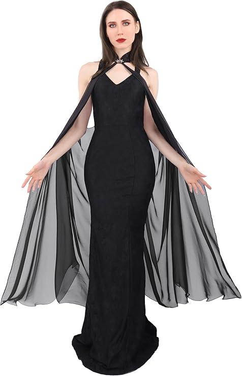 KUOIN Women's Chiffon Sheer Cape Gothic Tulle Cloak Halloween Wedding Bridal Collared Shawls Full-Length 130CM One Size