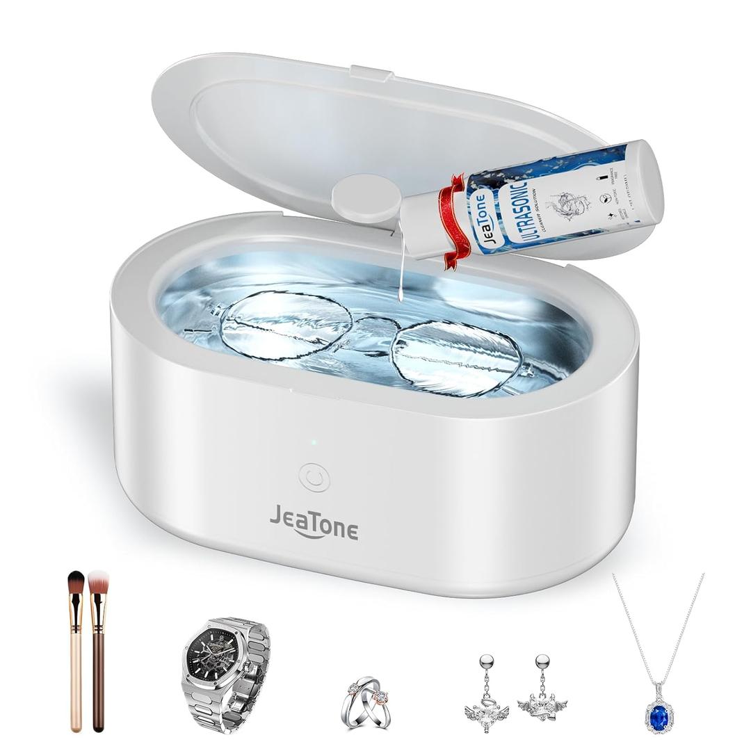 JeaTone Ultrasonic Jewelry Cleaner  46kHz Sonic Cleaner for Rings, Glasses, Retainers, Dentures, Watches & More, 304 Stainless Steel 20oz Tank (White)