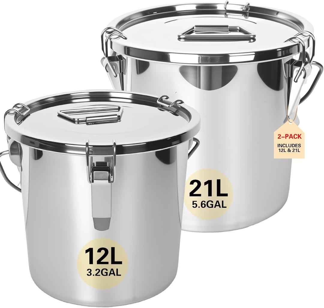 21L/5.6GAL and 12L/3.2GAL Stainless Steel Airtight Canister, Food Storage Canisters with Lid&Locking Clamp for Rice Flour Sugar Grain Coffee Bean Storage Containers (12L & 21L,2 CANISTERS), 21 liters and 12 liters