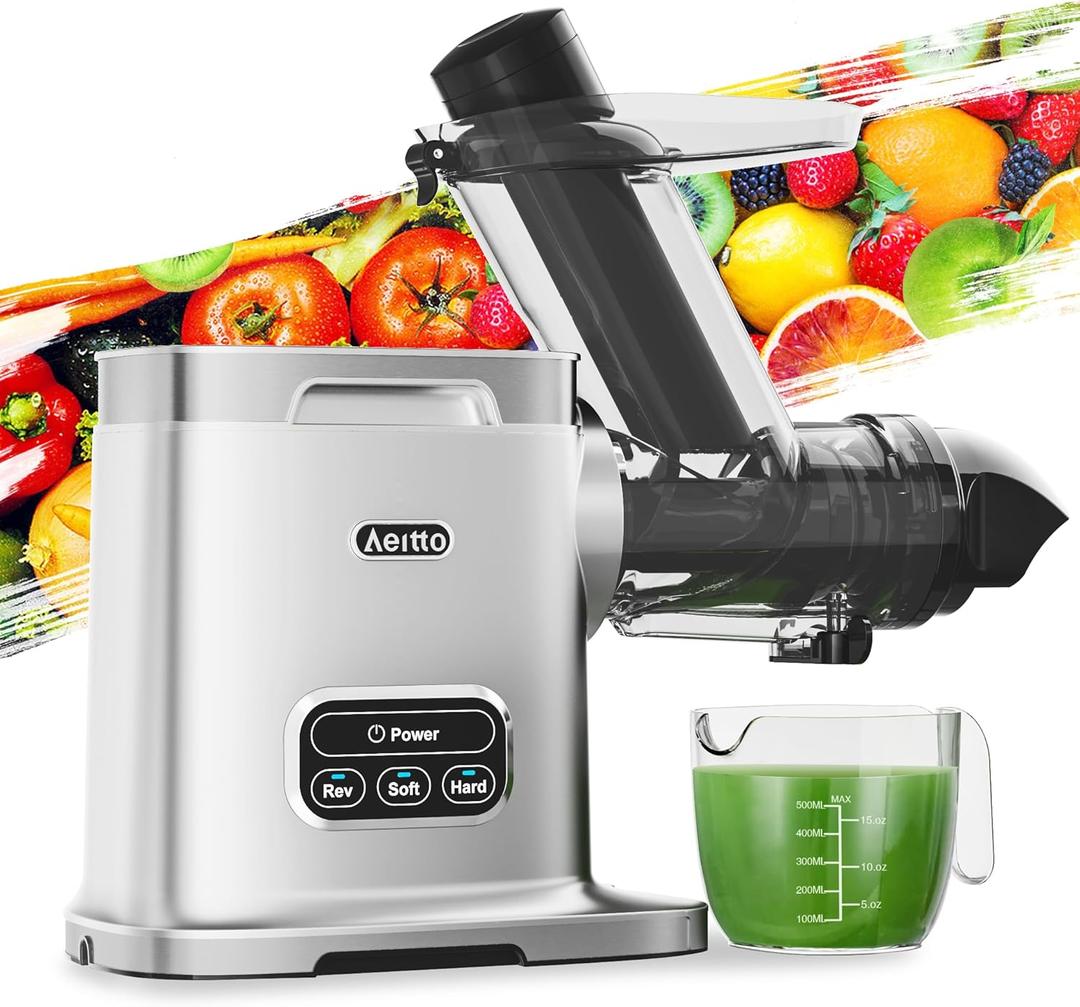 Aeitto Cold Press Juicer Machines, 3.6 Inch Wide Chute, Large Capacity, High Juice Yield, 2 Masticating Juicer Modes, Easy to Clean Slow Juicer for Vegetable and Fruit, Silver