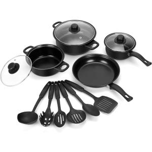 Non-Stick Cookware Set, 13 Piece Set Portable Lightweight Cast Iron Pots and Pans with Glass Lids and Nylon Utensils for Outdoor Camping Picnic Travel Cookware Black