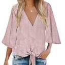 Cute Tops for Women Trendy Going Out Batwing Sleeve Floral Boho Tie Front Shirts Chiffon Blouses, XL
