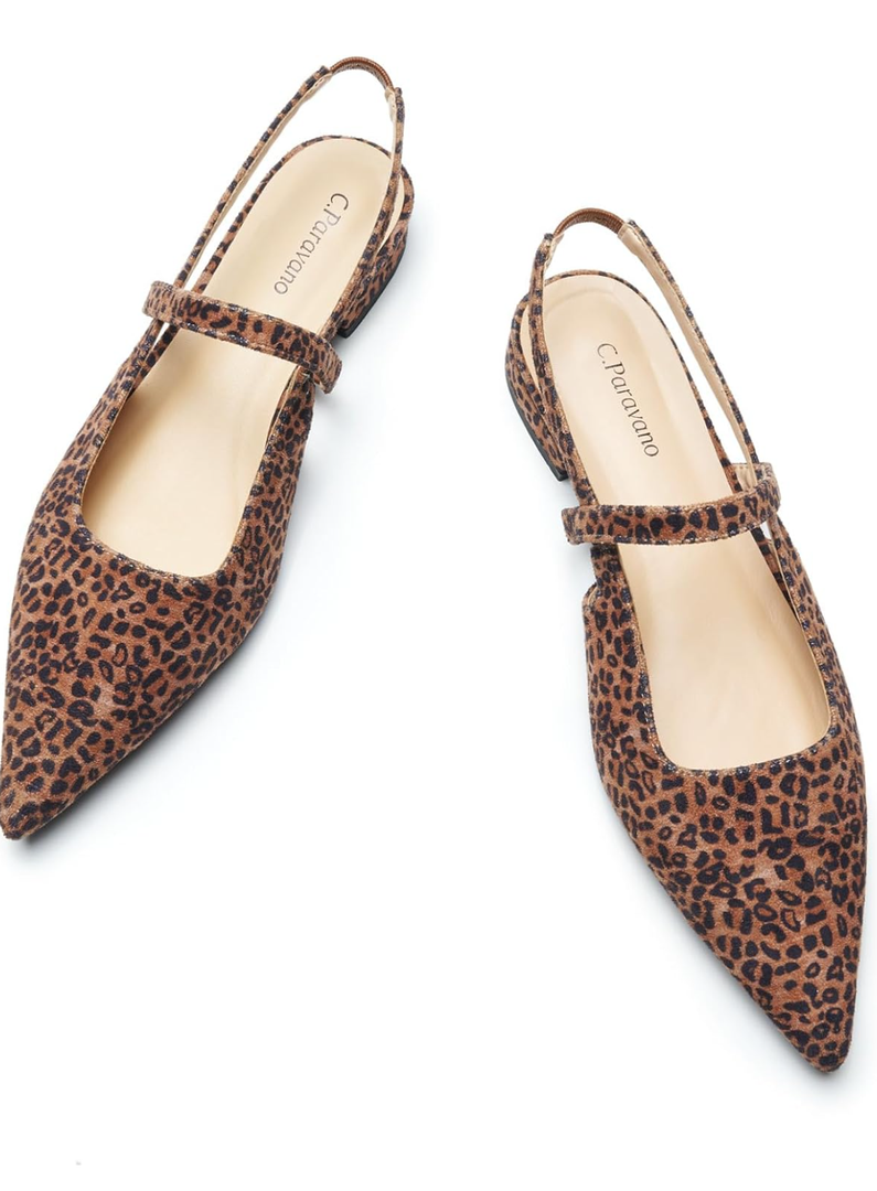 C.Paravano Women's Slingback Flats & Heels - Pointed Toe, Ankle Strap, Comfortable Leather Dress Shoes, Size 38,5