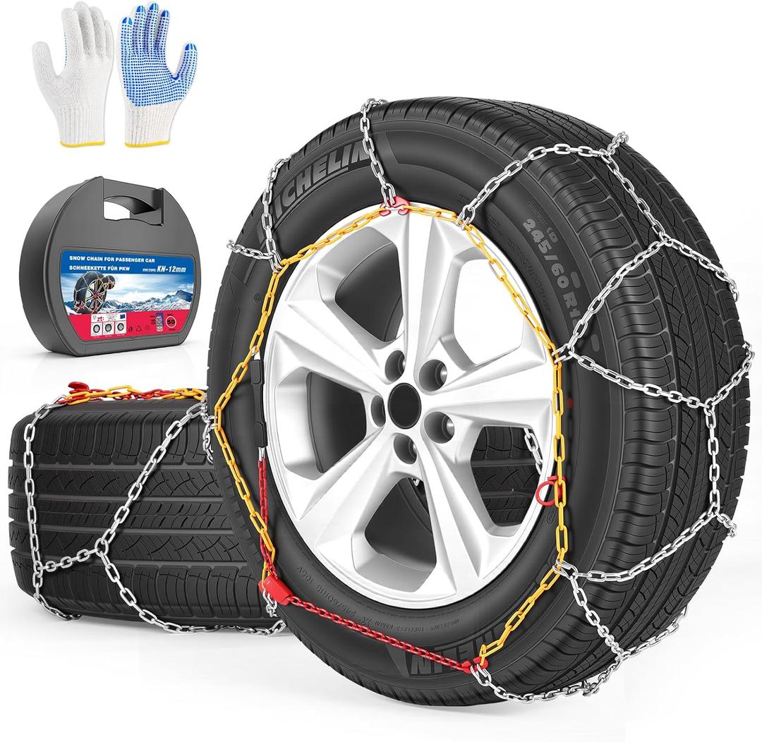 Snow Chains for Car Tires Manual Tightening, Universal Adjustable Emergency Portable Tire Chains, Suitable for Commuter Car and SUV, Set of 2 (KN100)