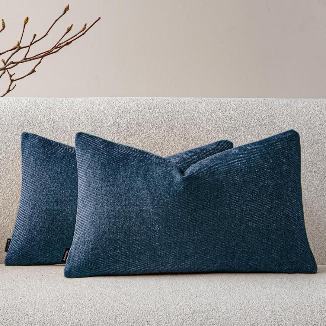 a moment Pack of 2 Decorative Chenille Throw Pillow Covers with Twill Cushion Covers for Sofa Living Room Couch Bed 12x20 Inch Blue