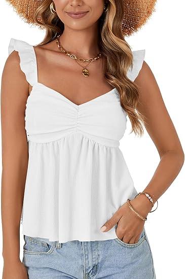 LYANER Women's Babydoll Tank Top Summer Camisole Dressy Casual Ruffle Strap Sleeveless Flowy Hem Peplum Tops White Small