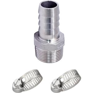 Stainless Steel 304 Hose Barb Fitting, 1-1/2" Barbed x 1-1/2" NPT Male Straight Adapter Connector with 1 Hose Clamps, Pack of 1