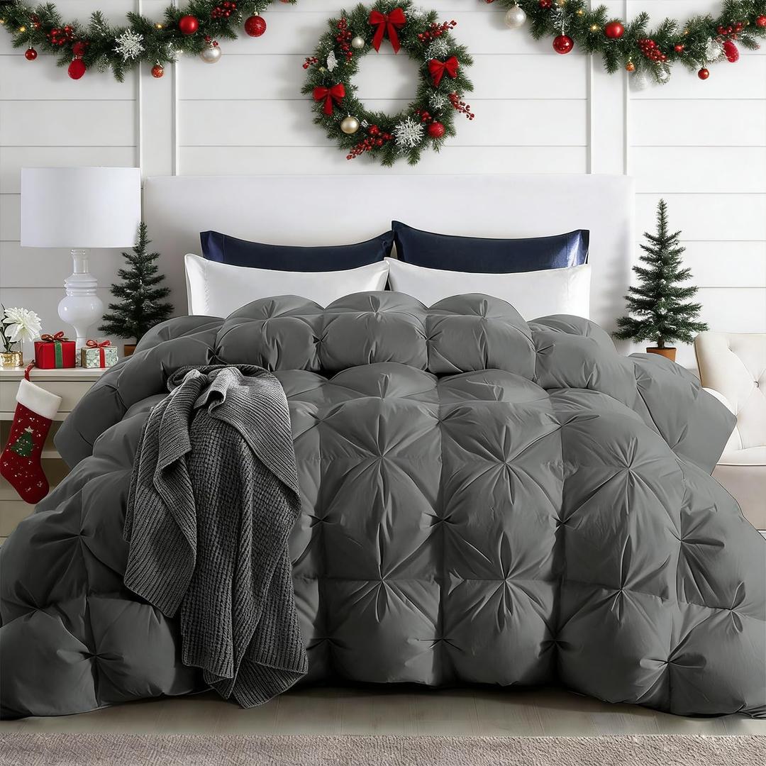 Puredown Grey Goose Down Comforter Twin Size, 800 Fill Power, 100% Cotton 700 TC Fabric, Winter Duvet Insert, Pinch Pleat Heavyweight Comforter Cloud Fluffy Extra Warmth