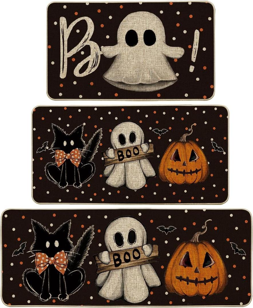 Artoid Mode Bats Black Cats Boo Pumpkin Halloween Kitchen Mats Set of 3, Home Decor Low-Profile Kitchen Rugs for Floor - 17"x29"+17"x36"+17"x47"