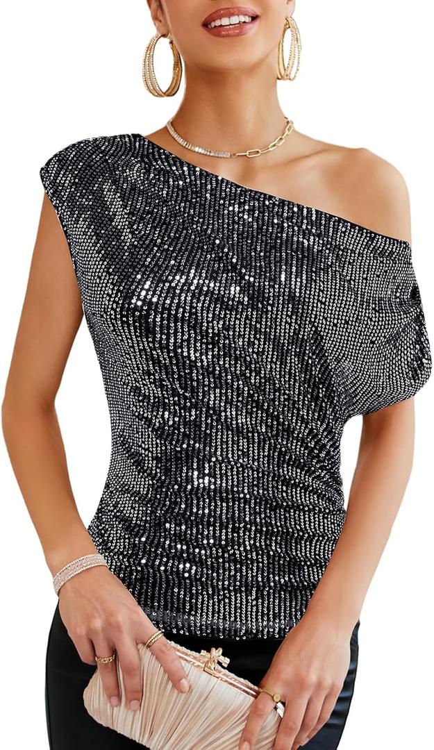 GRACE KARIN One Shoulder Sequin Sparkly Tops for Women Ruched Asymmetrical Glitter Tops Slimming Sparkle Party Shirts (XX-Large, Silver Black)