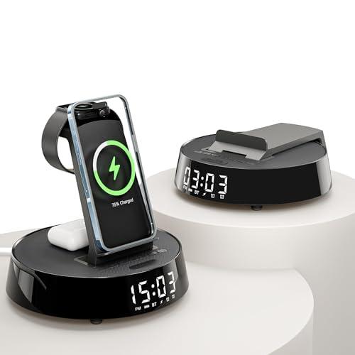 Alarm Clock with Wireless Charging Station, Clock for Bedroom with Dimmable Night Light Bluetooth Speaker, Wireless Charger Dock Station for iPhone 17 16 15 14 13 12 Pro Max, Apple Watch, AirPods Pro