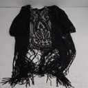 MakeMeChic Women's Lace Sheer Fringe Kimono Hollow Out Top Open Front Long Sleeve Beach Cover Up (Large, Black)