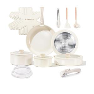 Chef Power Ceramic Cookware Set Non Toxic with Detachable Handles, Healthy Nonstick Pans and Pots Set 19 Pcs, Induction Dishwasher Oven Safe Kitchen Set, PFAS PFOA & PTFE Free, Cream White