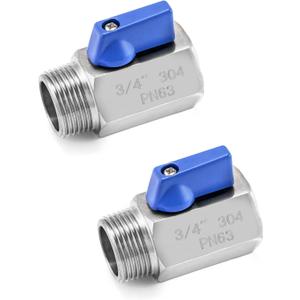 QWORK Mini Ball Valve, 2 Pack 3/4" Thread Female and Male 304 Stainless Steel Shut-Off Valves (Silver)