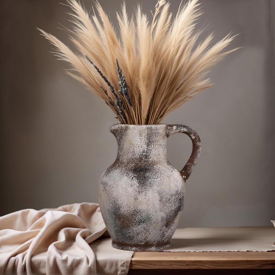 Rustic Ceramic Farmhouse Vase Home Decor with Handle, Vintage Pottery Terracotta Pampas Grass Vases for Dinning Table Centerpieces Kitchen Living Room Mantel Barn Entryway- 8 Inch