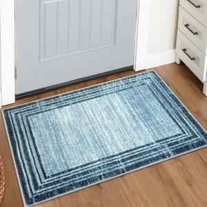 Lahome Amabel Modern Abstract Area Rug, Washable Blue 2x3 Entryway Rugs Non Skid Front Door Rug Indoor Low-Pile Kitchen Carpet, Minimalist Bordered Soft Bedroom Throw Rug for Bathroom Entry