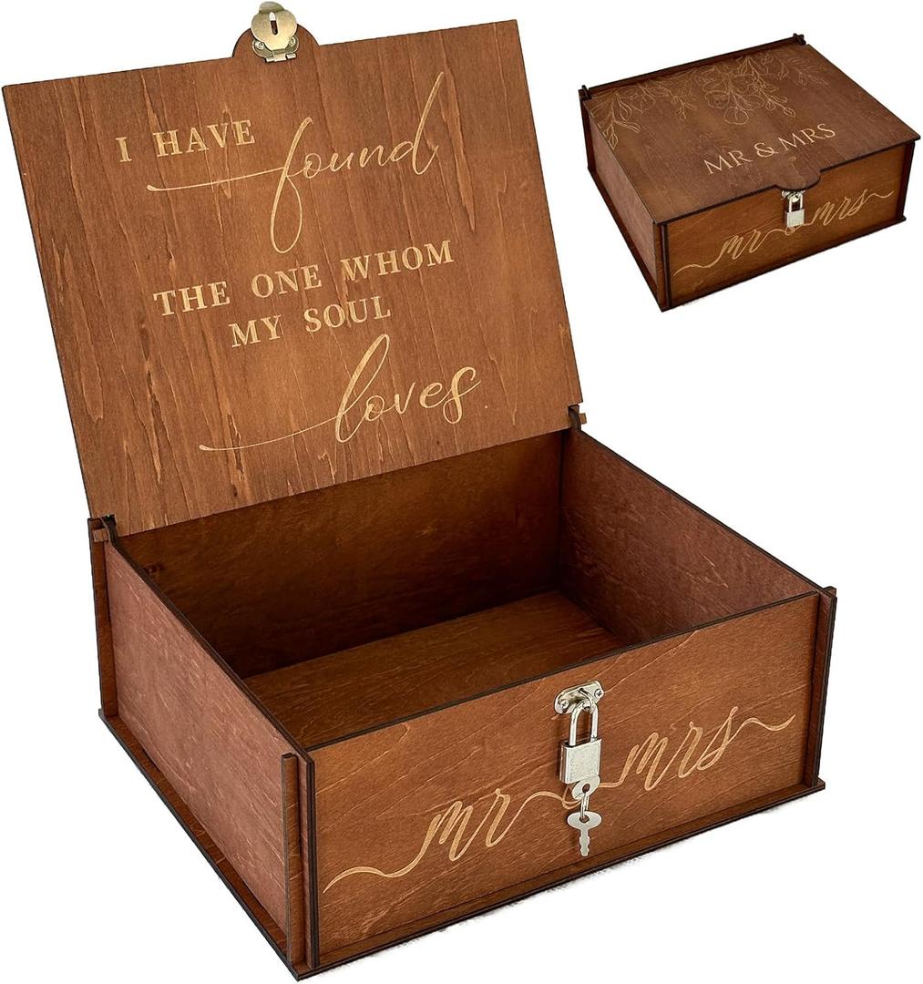 AerWo Wedding Keepsake Box, Wooden Storage Box Large with Lid and Lock, Assembled Keepsake Memory Box, Gift for Newlyweds Wedding Anniversary Engagement Photo Letter Time Capsule