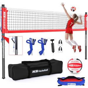 Haokelball Outdoor Volleyball Net Set for Backyard, 32FT Regulation, 3-Level Adjustable Height & Anti-Sag Tension System, Heavy Duty Thick Poles, Includes Volleyball, Pump, Boundary Line and Carry Bag