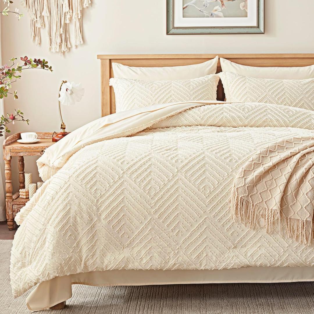 Zzlpp King Comforter Set 7 Pieces, Cream Tufted Bed in a Bag with Comforter and Sheets, All Season Boho Bedding Sets with 1 Comforter, 2 Pillow Shams, 2 Pillowcases, 1 Flat Sheet, 1 Fitted Sheet