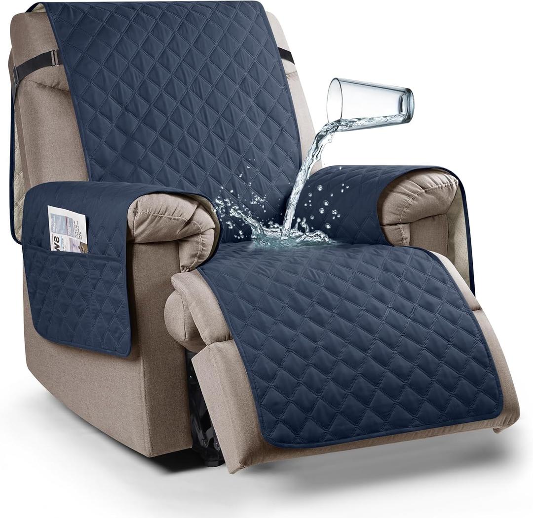 Ruaozz 100% Waterproof Recliner Chair Cover Non-Slip Reclining Cover for Recliner Chair Washable Chair Seat Cover with Elastic Straps for Kids, Dogs, Pets (Navy Blue, 23'')