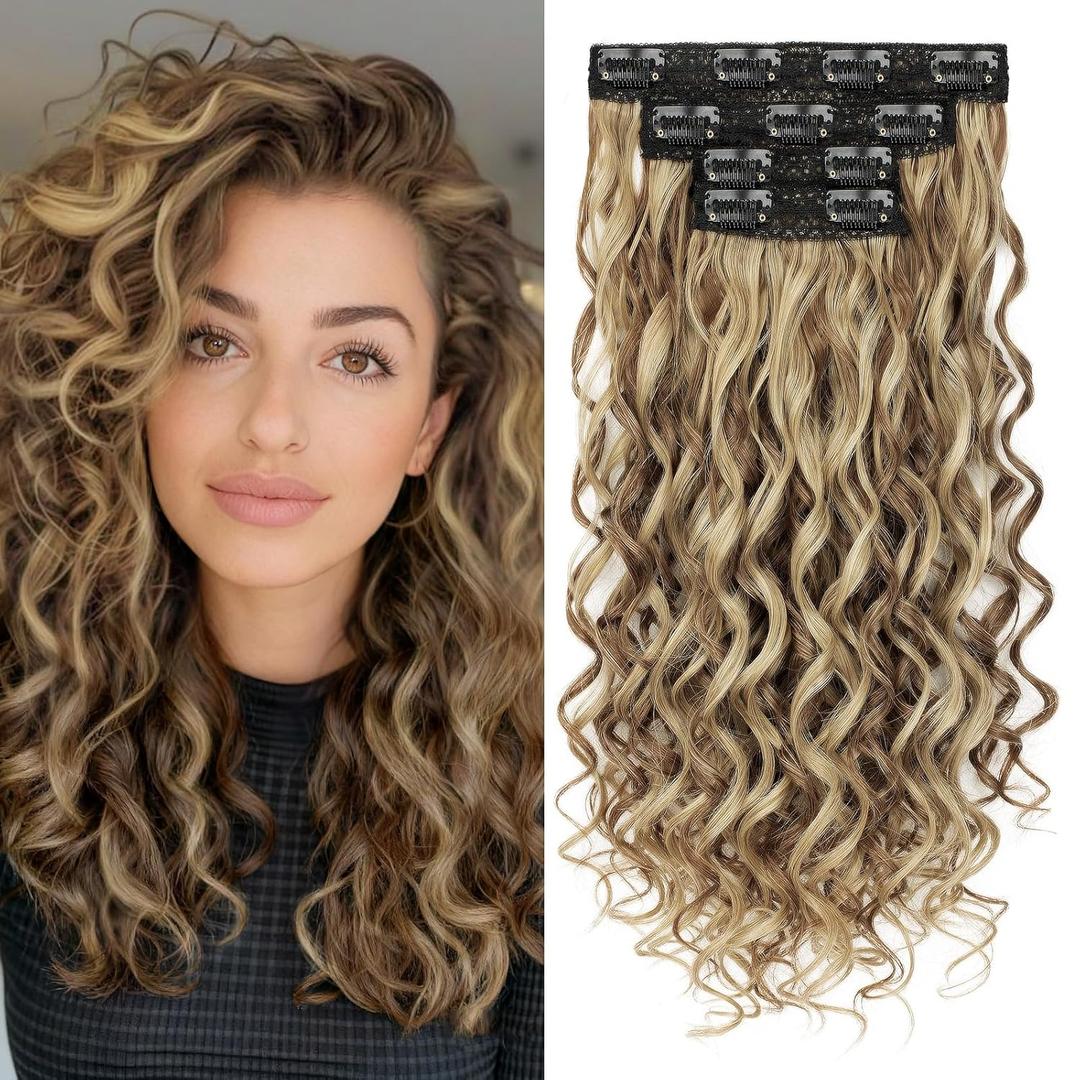 Curly Clip In Hair Extensions, 4PCS 16 Inch Brown with Blonde Highlights Extensions Clip Ins Lace Weft Short Curly Invisible Natural Hairpieces for Women