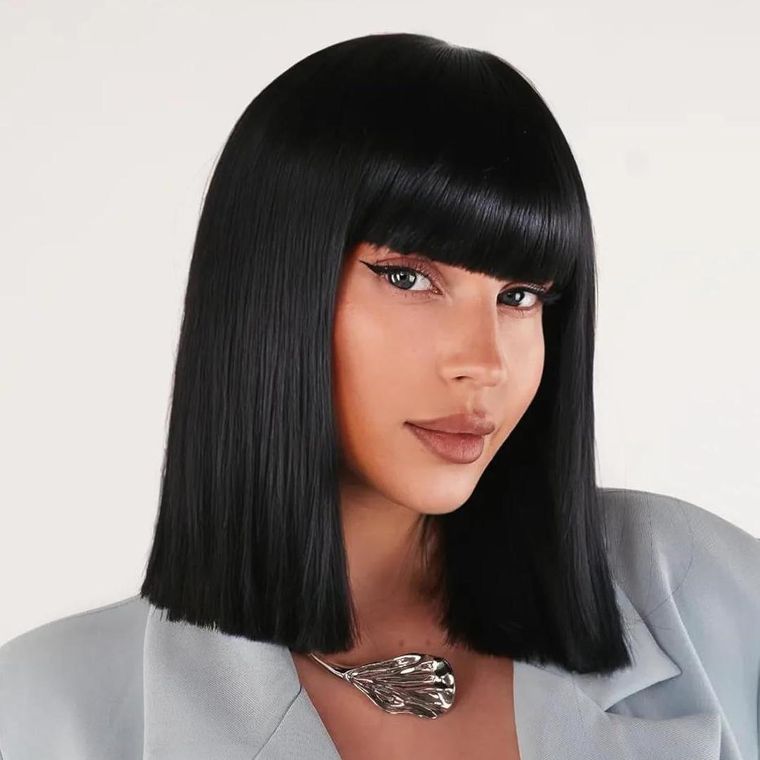 Black Bob Wig with Bangs Short Straight Bob Wigs for Women - 12 Inch Heat Resistant Synthetic Hair for Cosplay Daily Party Halloween