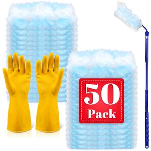 50 Pack Duster Refills Compatible with Swiffer Dusters, Disposable Replacement Heads with Extendable Handle for Dust Removal on Vents, Baseboards, Ceiling Fans, Crevices & Hard-to-Reach Places