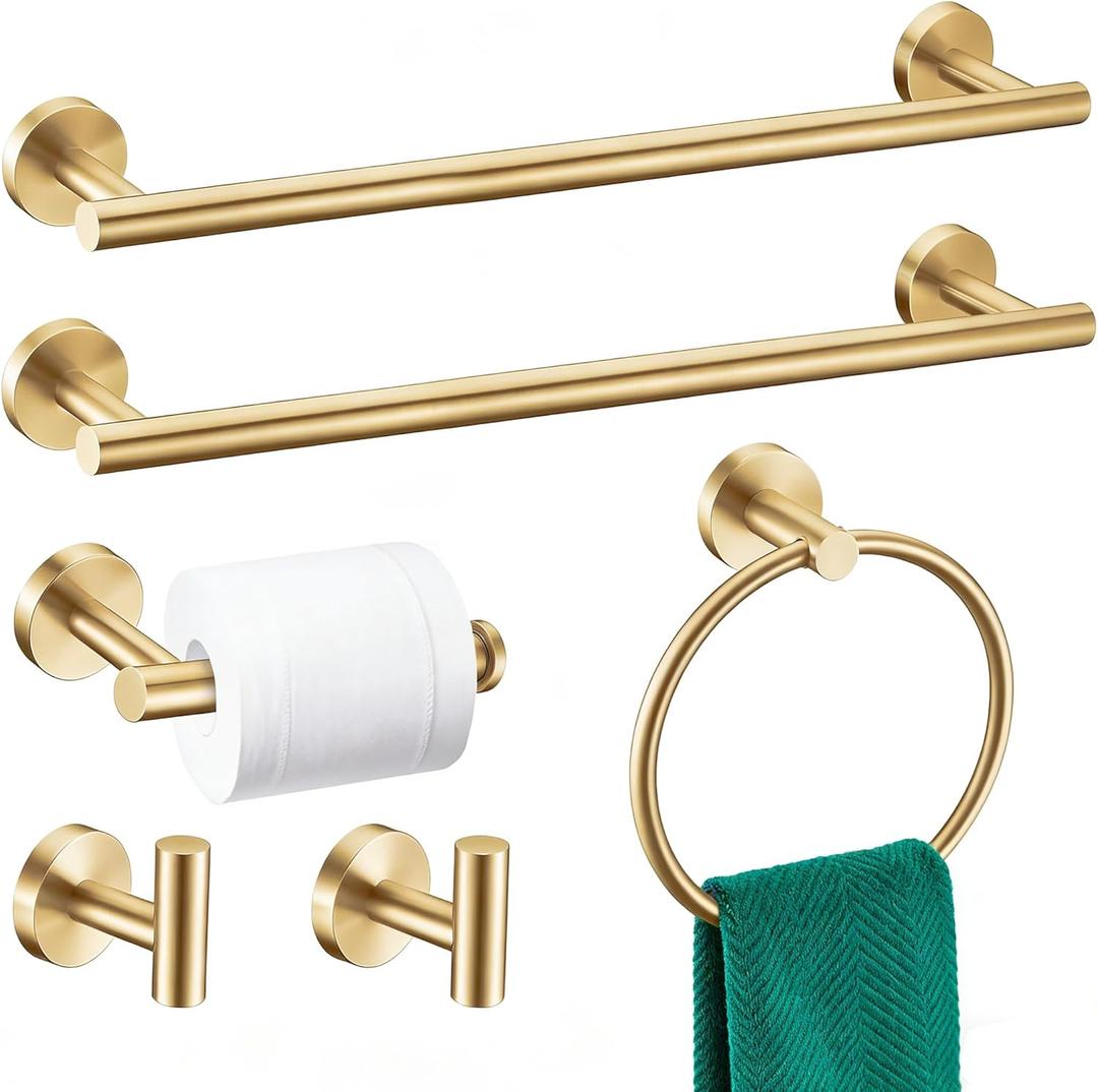 6 Pieces Brushed Gold Bathroom Hardware Accessories Set, SUS304 Stainless Steel 24 Inch Bath Towel Bar Set, Round Bathroom Towel Holder Set, Towel Racks for Bathroom Wall Mounted