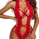 Avidlove Women Deep V Halter Lingerie Teddy One Piece Bodysuit Lace Babydoll (Red, M)