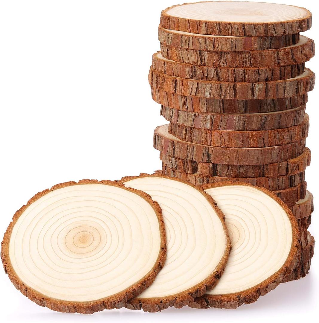Fuyit Unfinished Wood Slices with No Hole, 20 Pcs 3.5-4 Inches Natural Wooden Circles with Bark for DIY Crafts, Christmas Ornament, Decoration