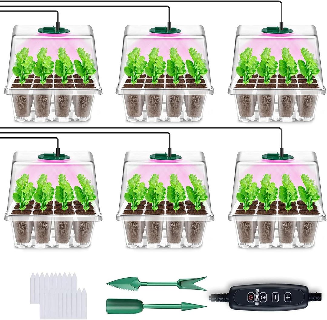 YAUNGEL Seed Starter Tray with Grow Light, 6 Pack Seed Starter Kit with Timing Controller Adjustable Brightness, Thicken Seedling Starter Trays with Humidity Domes Heightened Lids, Transparent