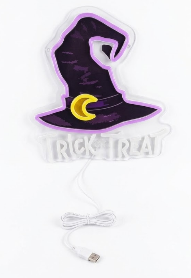 Halloween Neon Sign - "Trick or Treat" Witch Hat LED Neon Light - Purple & Yellow Wall Decor for Home, Party, Bar, and Kids' Room