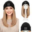 Wig for Women with Hair Attached 11'' Straight Synthetic Hair Extensions Knitted Beanie Cap Keep Warm in Winter Christmas Gifts Ash Blonde
