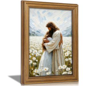 Vintage Gold Framed Jesus Wall Art Jesus Hugging Girl Christian Canvas Prints God Embracing Woman Picture Religious Beliefs Spiritual Painting Poster Artwork for Living Room Bedroom Church