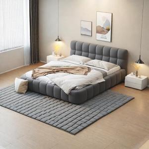 Queen Size Upholstered Platform Bed with Thick Fabric, Grounded Bed with Solid Frame, Queen Floor Bed Frame, Gray