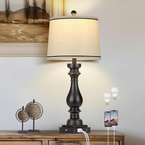 Rinweey 29" Farmhouse Table Lamp for Living Room,Vintage Bedside Nightstand Lamp with USB C+A Ports & AC Outlet,3-Way Dimmable Touch Control Retro Black Desk Lamp for Bedroom,Single Black