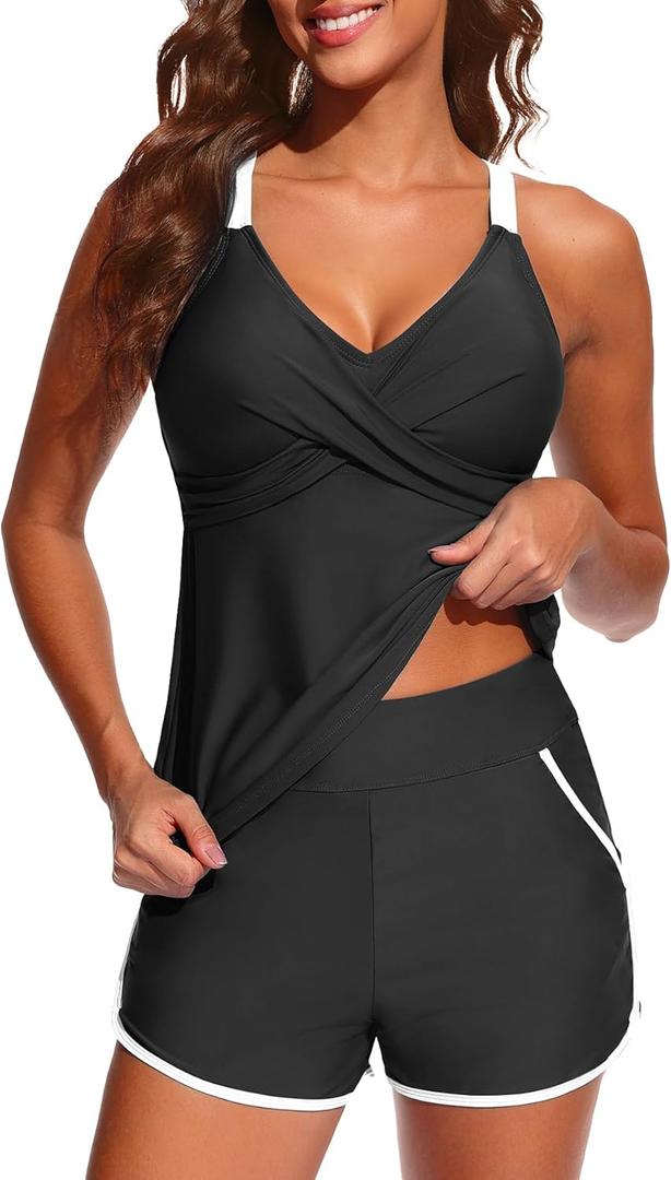 Womens Tankini with Shorts - Two Piece Tummy Control Swimsuit Athletic Bathing Suit with Pockets 2025 Swimwear (XX-Large, Black and White)
