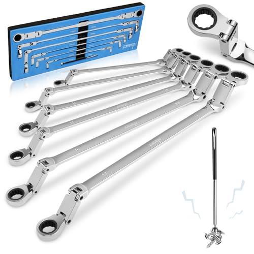 DISEN Double Jointed Extra Long Flex Head Ratchet Wrench Set, 6 PCS Metric 8-19mm Box End Ratcheting Wrench with a Magnetic Pickup Tool Kit, 72-Teeth, Cr-V Steel,12 Point Combination Wrench set