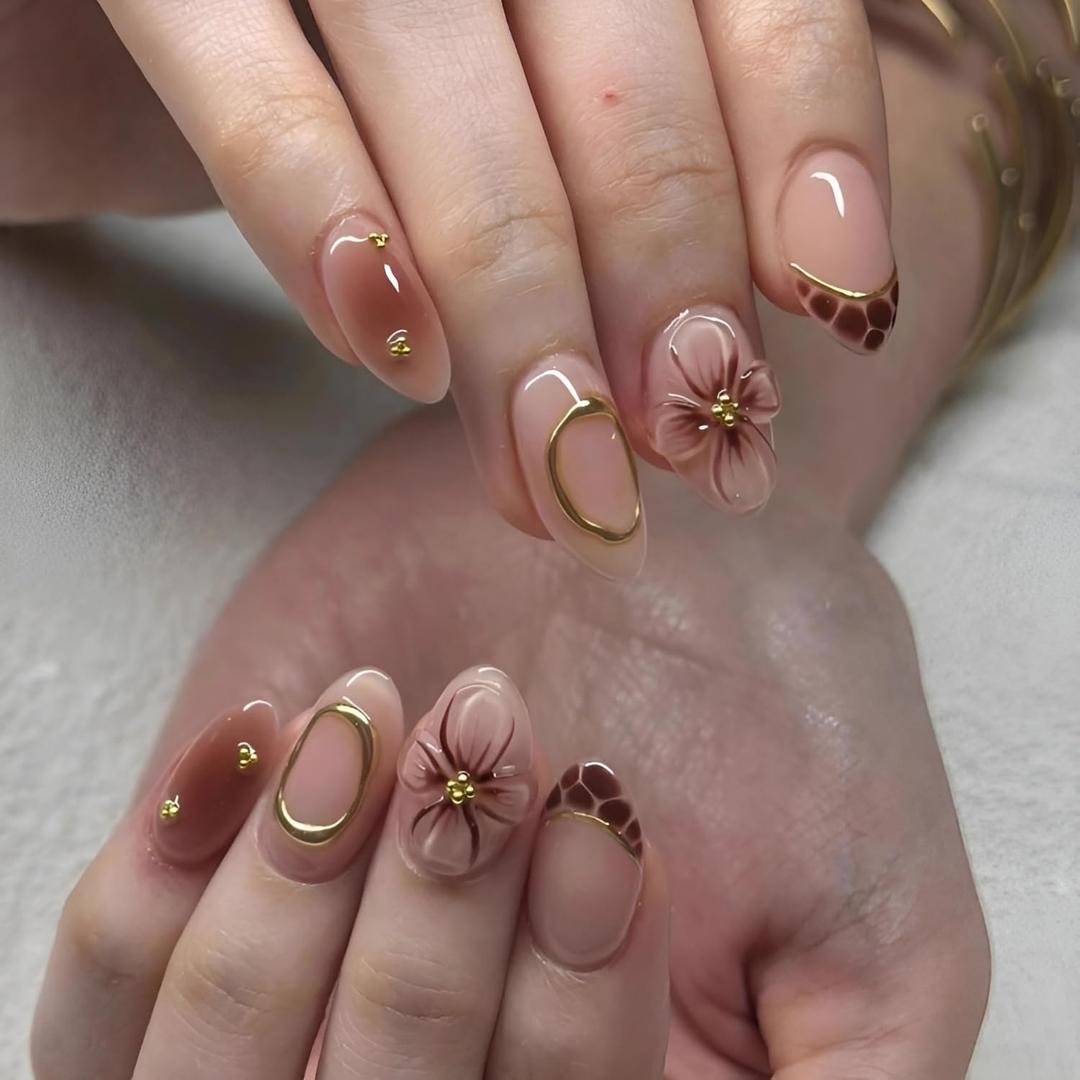 Flower Press on Nails Medium Almond Fake Nails French Tip Nails Press Ons 3D Flower False Nails with Rhinestones Design Glossy Glue on Nail Nude Brown Acrylic Stick on Nail for Women Set 30Pcs