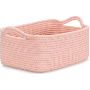 CLHMILY&Z Small Cube Storage Baskets, Decorative Woven Cotton Rope Baskets with Handles for Organizing, Shelf, Closet, Nursery, Bathroom, Toy Organizer Bins (1, Pink, 11.4 x 7.5 x 4.7)