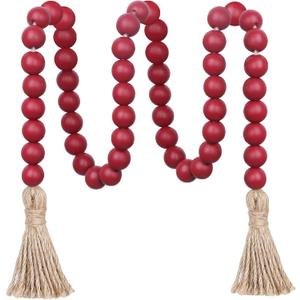 Meplait 39in Wood Bead Garland Farmhouse with Tassels,Versatile Prayer Beads Boho Chic Wall Hanging Home Decor (Burgundy)