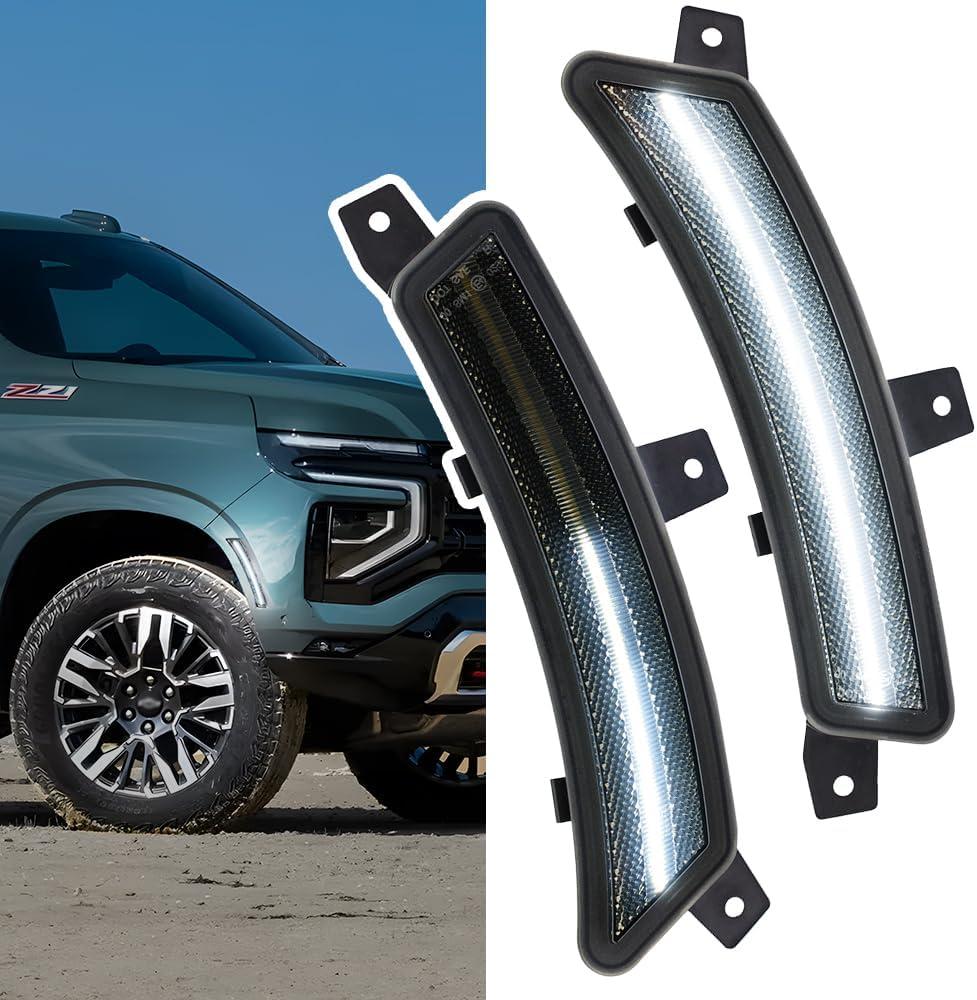 2pcs Yukon LED Side Marker Light Fit 2025 2026 Chevy Tahoe GMC Yukon XL Suburban Front Bumper Fender Sidemarker Lamp Xenon White Escalade ESV Full LED Turn Signal Light Kit Smoke Lens Assembly