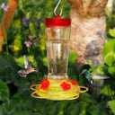 Joliyoou Hummingbird Feeder, 10 Once Glass Hummingbird Feeder Outdoor Hanging, Bird Nectar Feeder (Yellow Cover with Red Flowers - 1 PACK)