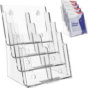 Brochure Holder 8.5x11 Inch 4 Tier with Removable Divider for 4x9 inch Clear Acrylic Pamphlet Display Stand Holder Countertop Use or Wall Mount for Office, Lobby, Hotel, Trade Show, 1 Pack