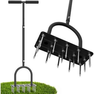 Aerator Lawn Tool Lawn Aerator -Heavy Duty Manual Grass Aerator with 15 Iron Spikes, Height Adjustable, Yard Aerator Tool for LawnBlack
