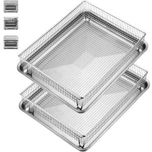 2Pack Air Fryer Accessories Basket and Tray for Cuisinart TOA-60 TOA-65 TOA-70 TOA-75, 12.3"x11" Nonstick Stainless Steel Baking Sheet Grilling Oven Air Fryer Basket for Family BBQ Party Cooking