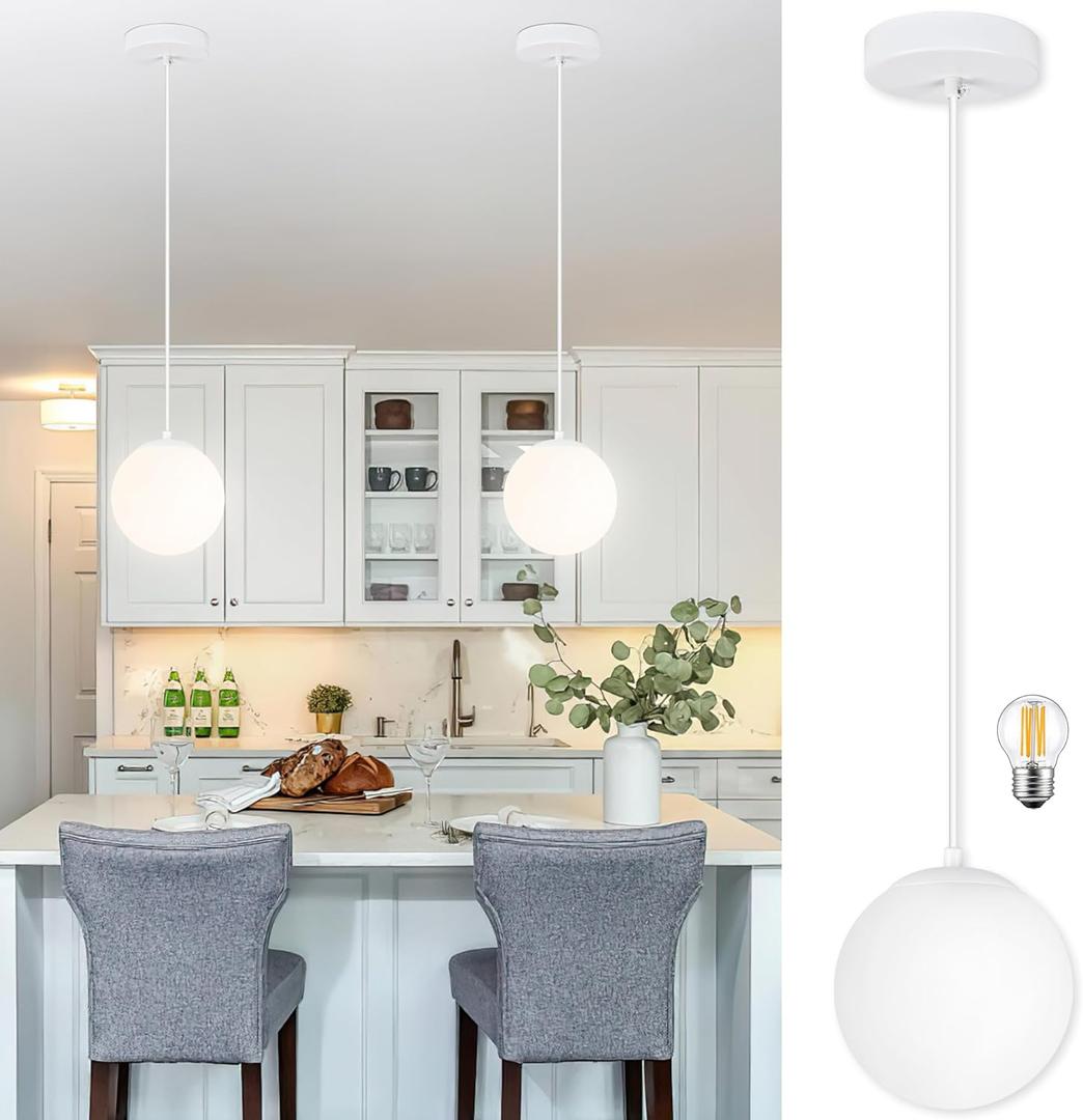 KoKo&Yukina 6 Inch Globe Pendant Light White Globe Pendant Lights Kitchen Island Mid Century Light Fixture with Milky White Glass Shade for Dining Room Living Room